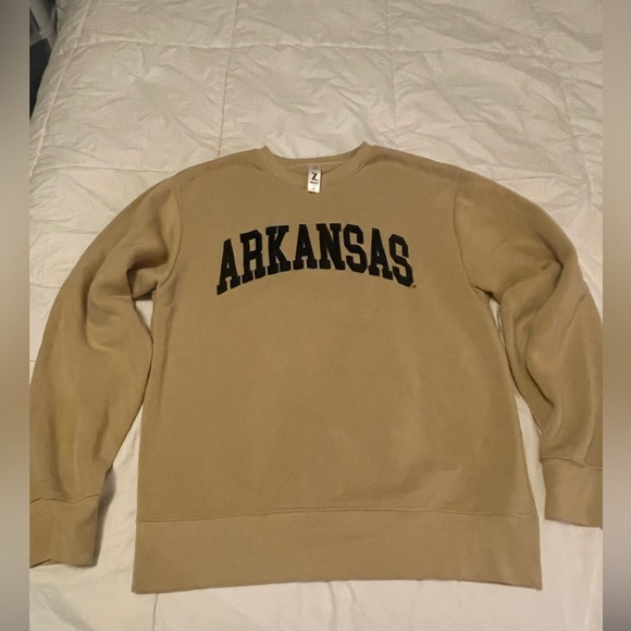 Women’s Small Arkansas Sweatshirt. Tan with black sewn on letters. - Picture 1 of 4